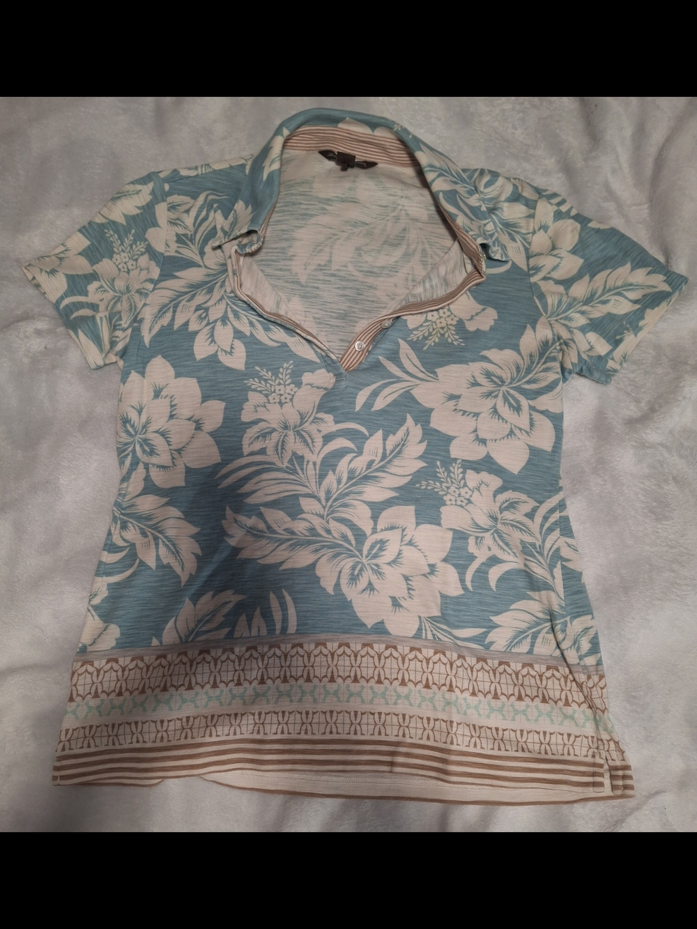 Tommy Bahama Teal and Cream Floral Polo Tee